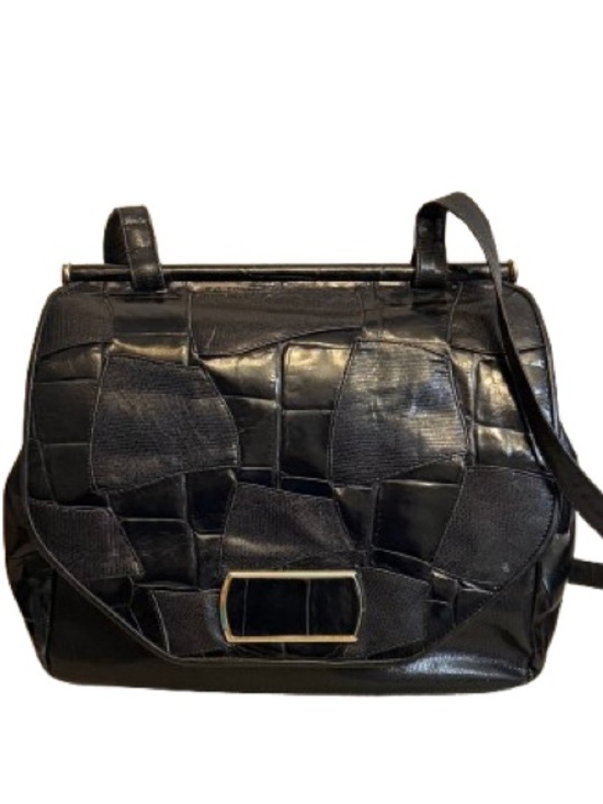 Sharif Handbags - Vintage Sharif Black Leather Patchwork Reptile Shoulder Bag Made USA